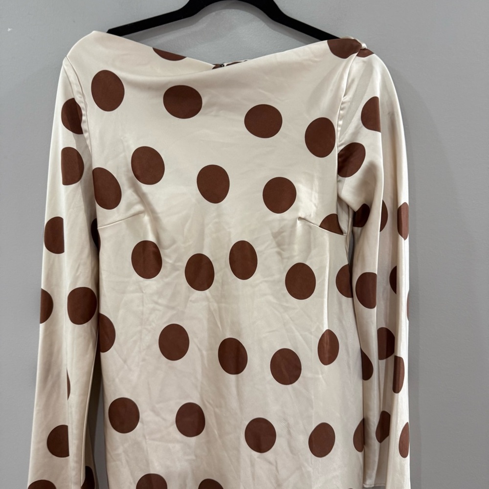 Free People Dress Tigre Printed Mini Satin in Tea Combo Polka Dot Brown Cream - Picture 7 of 11